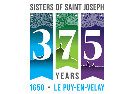 A blue, green and purple logo with the words: Sisters of Saint Joseph, 375 Years, 1650, Le Puy-en-Velay